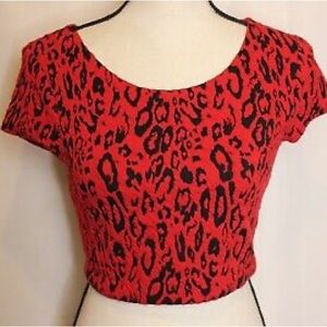 Express Red Black Animal Print Cheetah Jacquard Crop Top Women's Size S/P